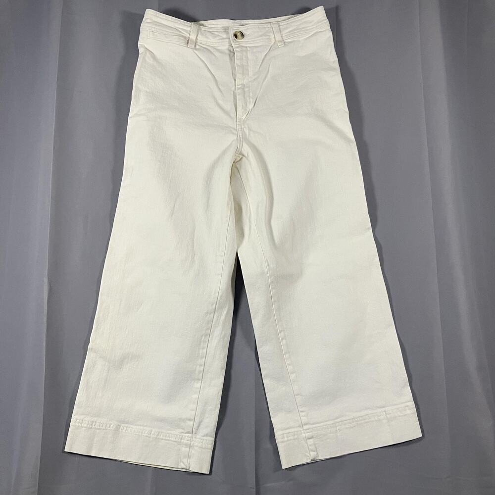 H&M Pants Womens 14 White Wide Leg Cropped High‎ Rise Cotton Stretch Casual